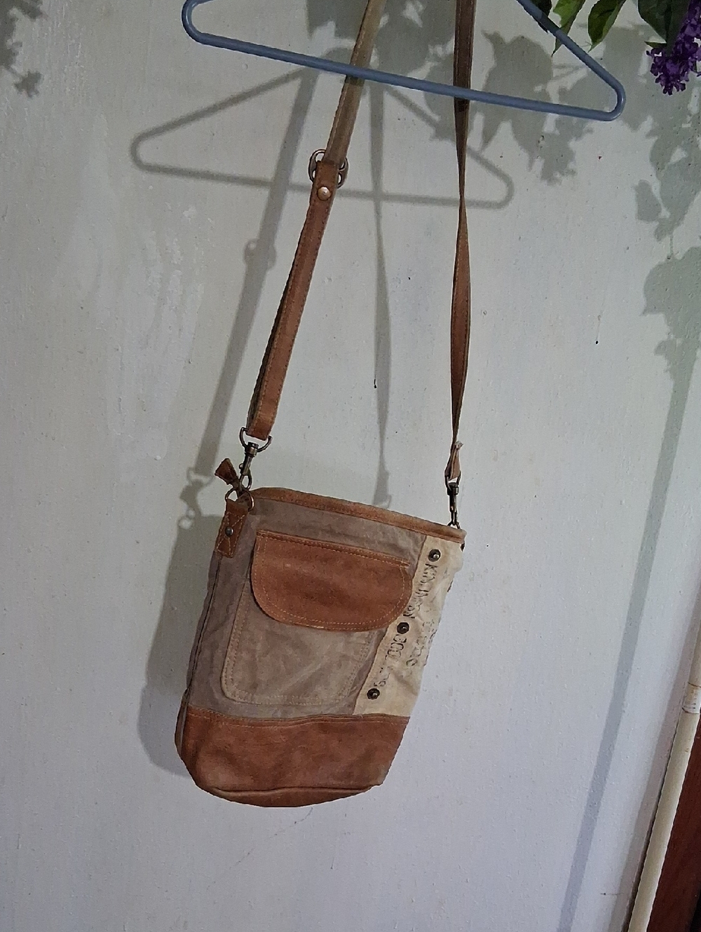 Shoulder Patchwork Leather Upcycled Durable Canvas Bag - Tan/Brown